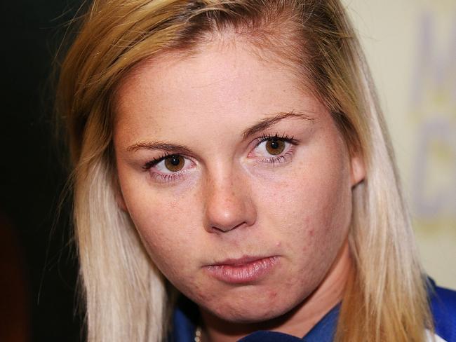 MELBOURNE, AUSTRALIA - MARCH 20:  Katie Brennan speaks to media after being found guilty during the AFLW tribunal at AFL House on March 20, 2018 in Melbourne, Australia.  (Photo by Michael Dodge/Getty Images)