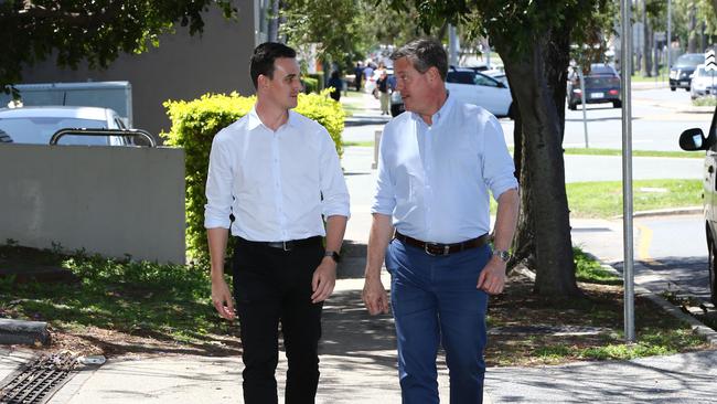 LNP leader Tim Nicholls with Bonney LNP candidate Sam O'Connor at Southport. Picture Glenn Hampson