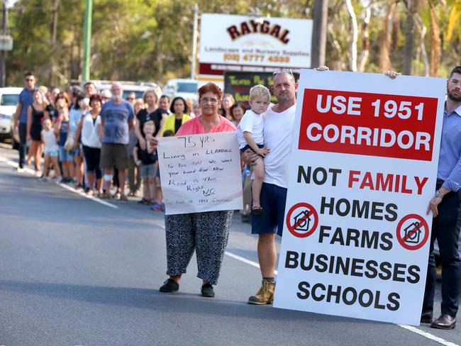 Local residents protest the new proposed corridor in Cranebrook. Cranebrook, Friday, April 20th 2018. Raygal Nursery on Cranebrook Rd has become the hub for a community campaign against the proposed corridor for the Bells Line of Rd connection, which would impact 300 residents. (AAP Image / Angelo Velardo)