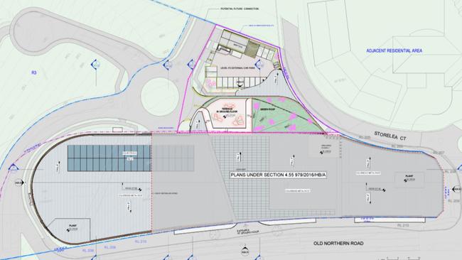 the amended plans for the shopping centre replace the residential component (to the left and top, highlighted in purple) could be replaced by medical and wellness facilities. Picture: Supplied.