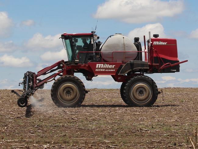 Rod Petersen of Petersen Grains is one of the region's biggest agricultural producers. He grows chickpeas, wheat, corn, mung beans and sorghum. Spraying roundup to kill weeds before planting.