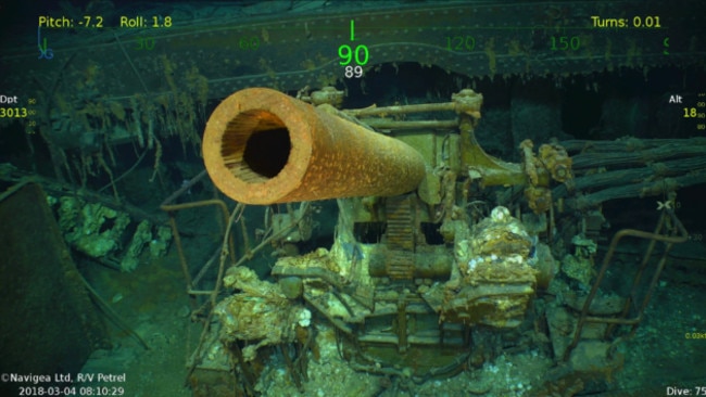 An anti-aircraft gun and its mechanism aboard USS Lexington stands at alert at the bottom of the Coral Sea. Picture: