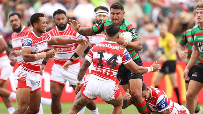 Latrell Mitchell carts it up in the Charity Shield at Glen Willow Sporting Complex in Mudgee, Australia. Picture: Mark Kolbe/Getty