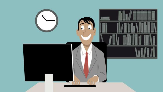 Man in a business suit coat and swim shorts sitting in front of a computer, having a video job interview or working from home, EPS 8 vector illustration