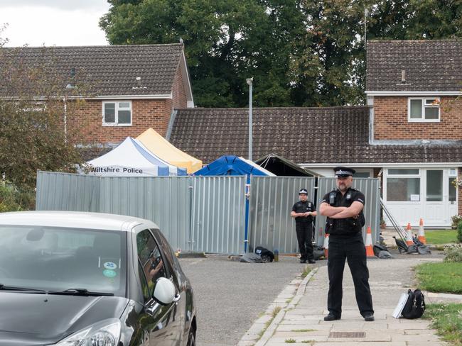 Police stand outside the former home of former Russian spy Sergei Skripal in Salisbury on September 6 in Wiltshire. Picture: Getty