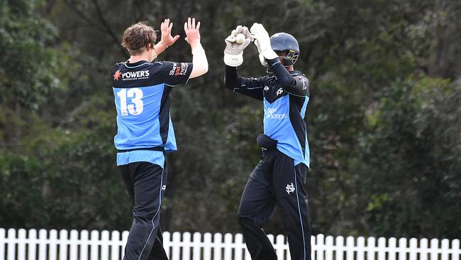 Norths players celebrate a wicket Norths Vs Valley. Saturday September 28, 2024. Picture, John Gass