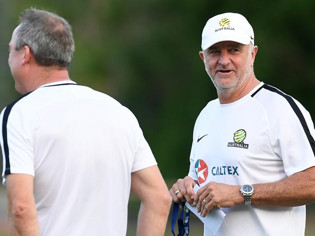 Head coach Graham Arnold looks on during an Australian Socceroos training session at Lions Stadium in Brisbane, Thursday, November 15, 2018. Australia will play against South Korea in a friendly on Saturday. (AAP Image/Albert Perez) NO ARCHIVING