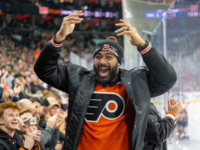 Mailata has been embraced by the Philadelphia fans, pictured here getting the crowd hyped at an NHL game. Picture: Getty