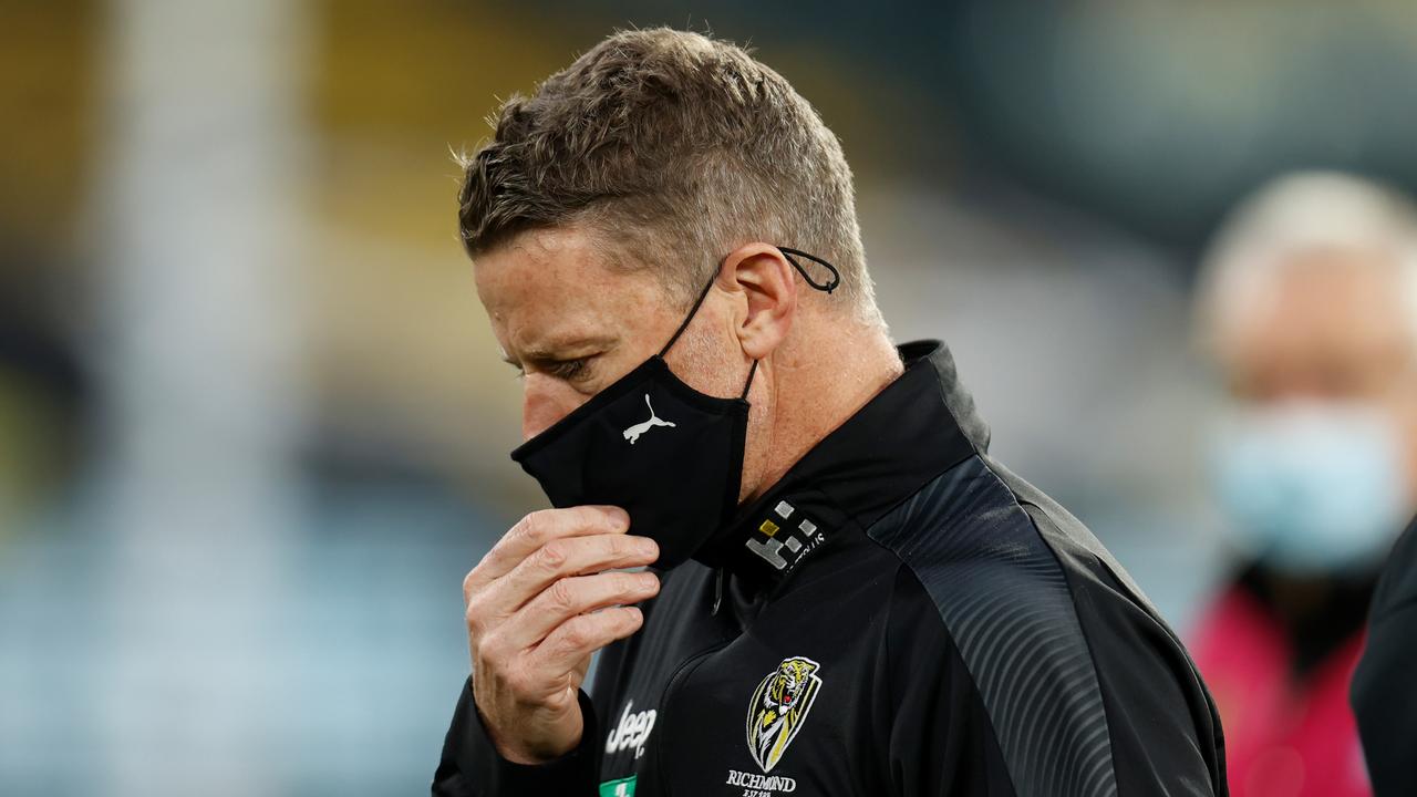 Damien Hardwick heads off the ground. Picture: Getty Images