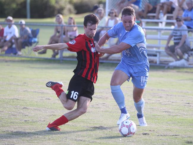 Palm Beach’s Dan Smith (right) was sent off in Saturday’s 3-0 Premier League loss to Coomera. Picture: Richard Gosling