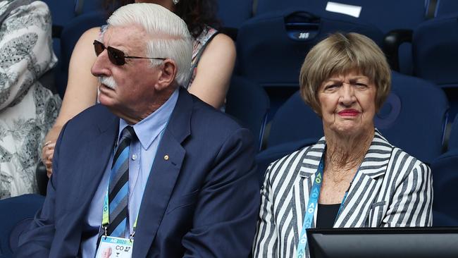 Margaret Court and husband Barry watch the Naomi Osaka-Marie Bouzkova match on Rod Laver Arena. Picture: Michael Klein