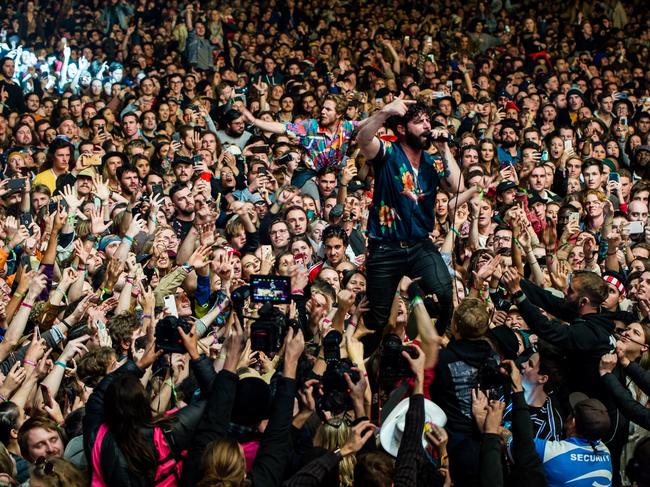 Foals frontman Yannis Philippakis wows the crowd at Splendour in the Grass.