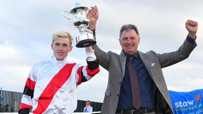 Enver Jusufovic celebrates with jockey Ben Allen after winning his first Group 1. Picture: Vince Caligiuri/Getty Images