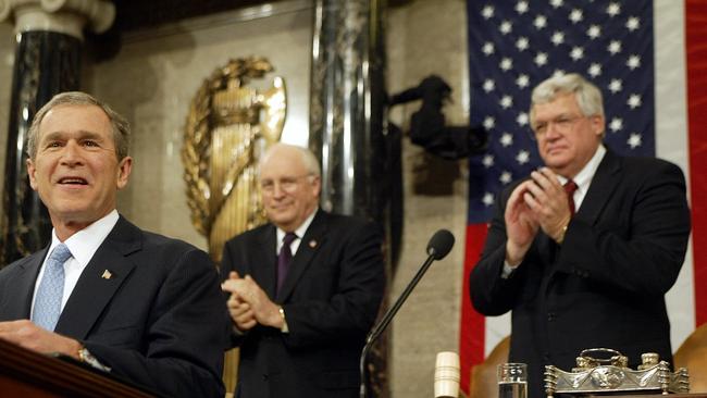 President George W Bush (L) with Vice President Dick Cheney (C) and Dennis Hastert (R) during the State of the Union address in Washington in 2002.