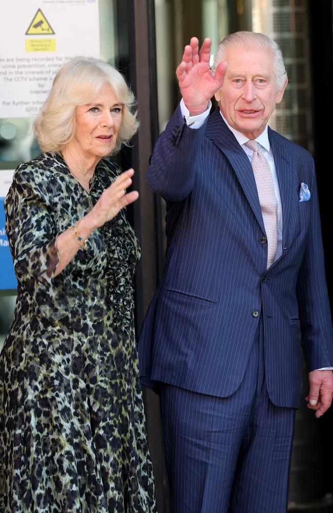 Queen Camilla and King Charles III arrive at the University College Hospital Macmillan Cancer Centre in London, England. Picture: Getty Images