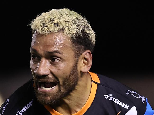 SYDNEY, AUSTRALIA - JULY 12:  Apisai Koroisau of the Wests Tigers reacts after being sent to the sin-bin during the round 19 NRL match between Cronulla Sharks and Wests Tigers at PointsBet Stadium on July 12, 2024, in Sydney, Australia. (Photo by Brendon Thorne/Getty Images)