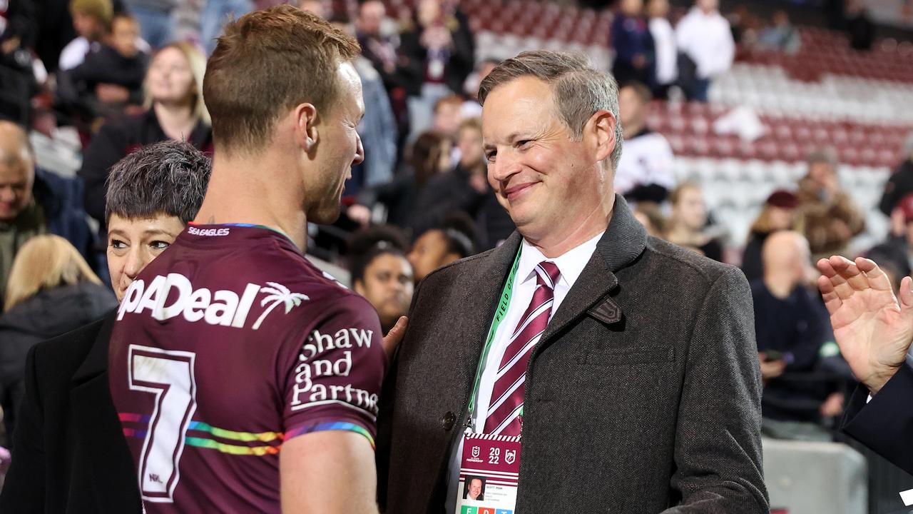 Manly captain Daly Cherry-Evans and co-owner Scott Penn. Picture: Cameron Spencer/Getty