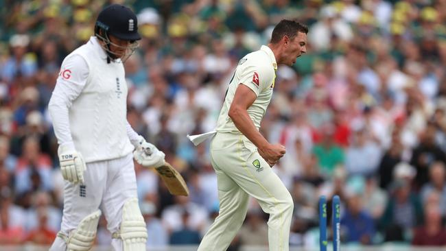 Josh Hazlewood celebrates the wicket of Jonny Bairstow. (Photo by Ryan Pierse/Getty Images)