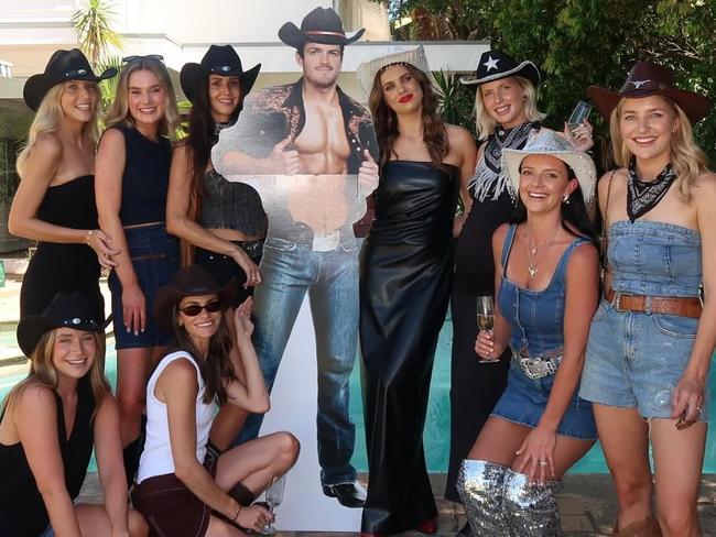 Danielle Frawley celebrates her impending nuptials to Angus Brawyshaw with the Melbourne wives and girlfriends. Picture: supplied