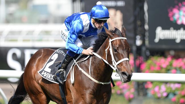 Hugh Bowman rides Winx to victory in the Turnbull Stakes. Picture: AAP Images