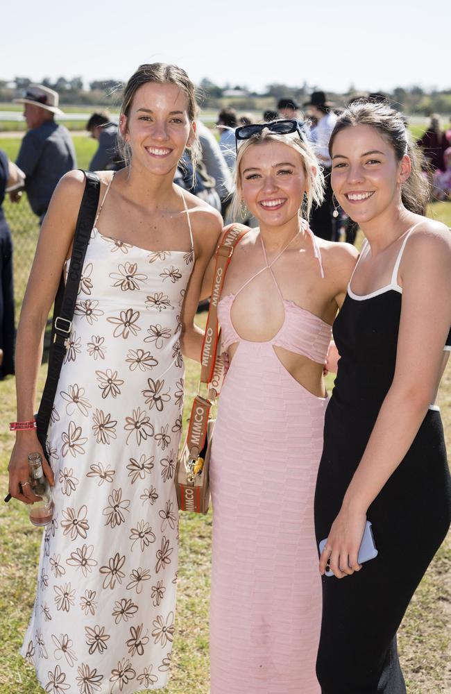 At Warwick Cup race day are (from left) Mackenzie Rutledge, Bridgette Harland and Jada Rutledge at Allman Park Racecourse, Saturday, October 14, 2023. Picture: Kevin Farmer