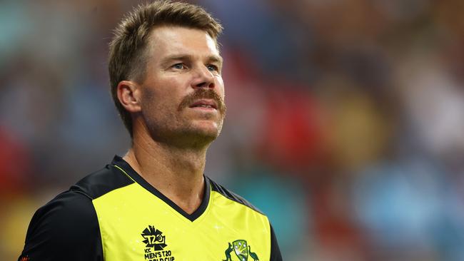 David Warner of Australia looks on during the ICC Men's T20 World Cup match between Australia and England at Dubai International Stadium last year. Picture: Getty Images