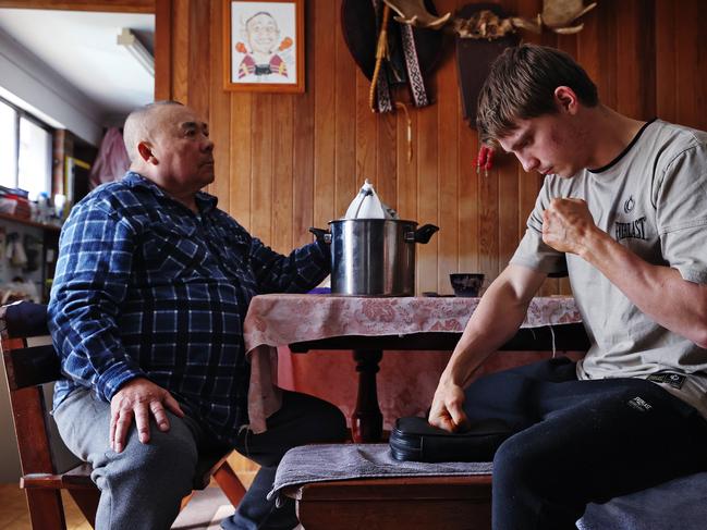 Nikita Tszyu trains in the same old garage gym as his legendary father Kostya at the house of his grandad Boris. Picture: Sam Ruttyn