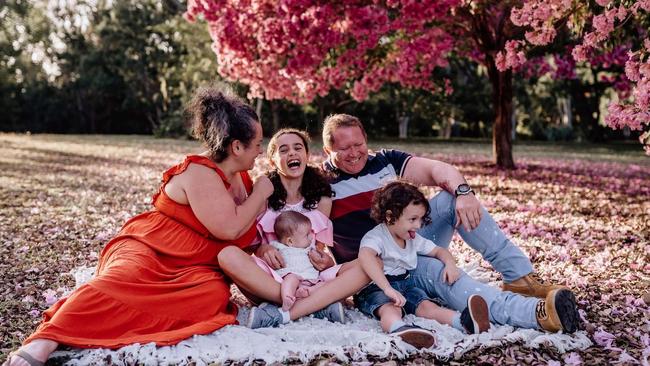 Townsville family Rebecca Ferguson and her husband Mark Ferguson with their eldest daughter Riley Hampton, son Linkin Ferguson and baby Jaylene Ferguson. Picture: Ebony Allen-Ankins