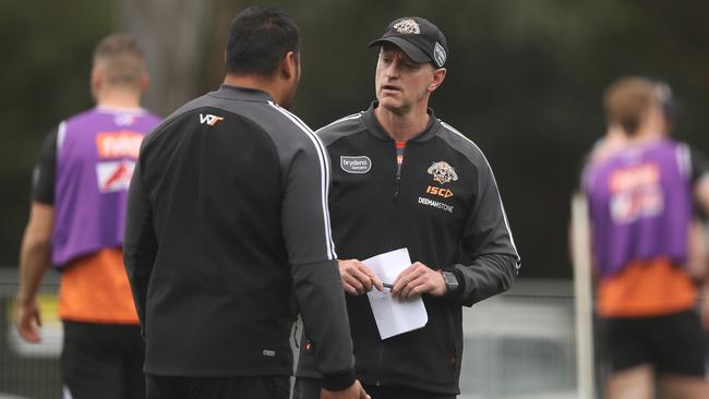 Coach Michael Maguire says more hard work is needed to make the Wests Tigers contenders next season. Picture: Brett Costello