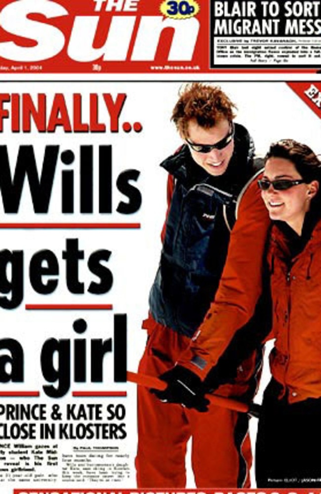 The Front page of London Sun newspaper featuring Prince William and girlfriend Kate Middleton in 2004.