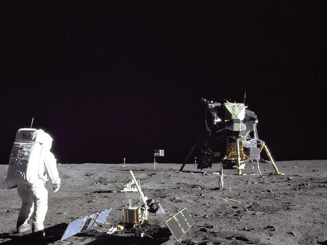 Buzz Aldrin on the moon with the early Apollo scientific experiments package. Picture: AFP PHOTO / NASA / Neil Armstrong.