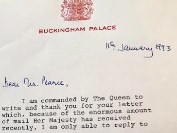 The letter from Buckingham Palace sent by the Queen to Gold Coast resident Carol Pearce.