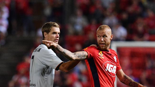 Taylor Regan of United reacts after being sent off during the Round 6 A-League match between Adelaide United and Brisbane Roar at Coopers Stadium. Picture: AAP Image/David Mariuz