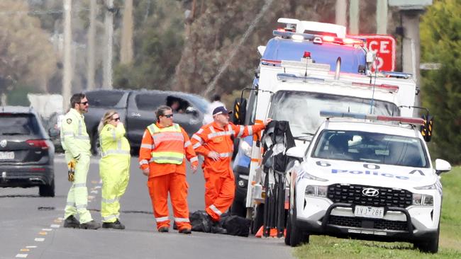 Police block off a road at Ardmona where fugitive Stan Turvey was shot dead. Picture: David Crosling