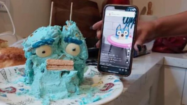 A mum has shared her hilarious attempt at a popular Bluey mudcake hack – calling it an 'absolute abomination'. Picture: Facebook