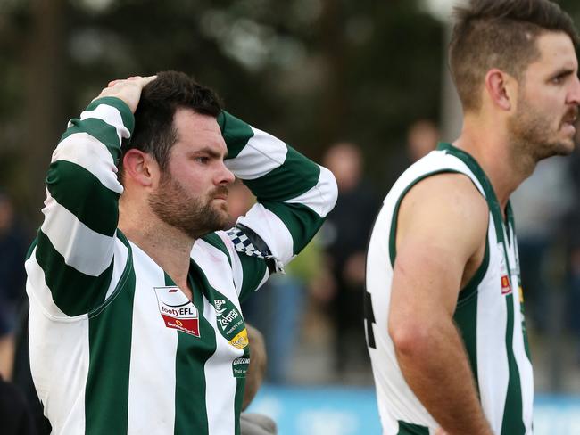 EFL  (Division 4) grand final: Donvale v Forest Hill at Walker Park, Nunawading,   Ryan Fisher of Forest Hill holds his head after the loss.10th September.   Picture : George Salpigtidis