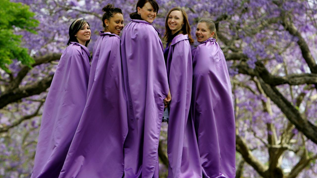 Candidates for the Grafton Jacaranda Festival Queen try on their custom made capes. (LtR) Alanna Goodwin, Mel Roberts, Gemma Buckley, Alisha Bearman and Verginia Nairn.