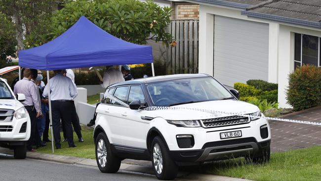 Police at the scene in Varsity Lakes following the discovery of Mrs Beever’s body. Picture: Tertius Pickard