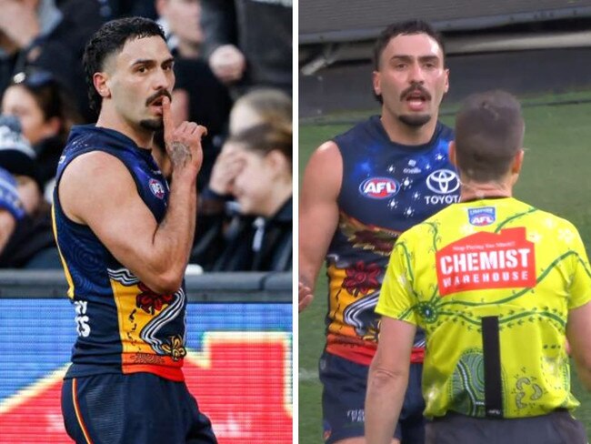 Izak Rankine quietens the crowd and then questions the umpire. Photos: Getty Images/Fox Sports