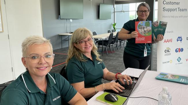 Suncorp staff members Romany Jones, Kim Borkowski and Vicki Kerby are ready offer assistance at the Insurance Hub, established at the Townsville Sports Stadium in Annandale. Photo: Leighton Smith.