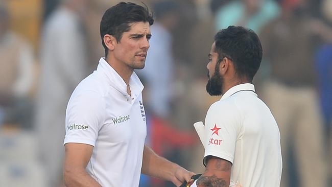 Virat Kohli and England captain Alastair Cook shake hands after the third Test.