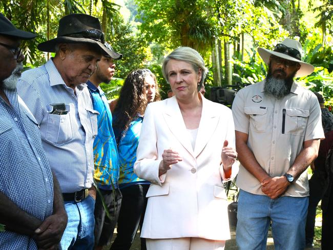 Federal Environment Minister Tanya Plibersek speaks with Olkola elder Michael Ross and other Cape York indigenous leaders at the announcement of a UNESCO tentative world heritage listing. Picture: Peter Carruthers