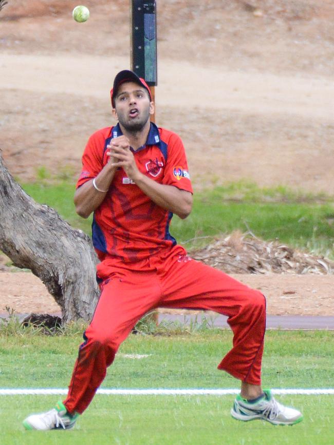 East Torrens Levi Singh  sets himself for the outfield catch against Sturt at Park 25, Oval 2. Picture:  Brenton Edwards/AAP