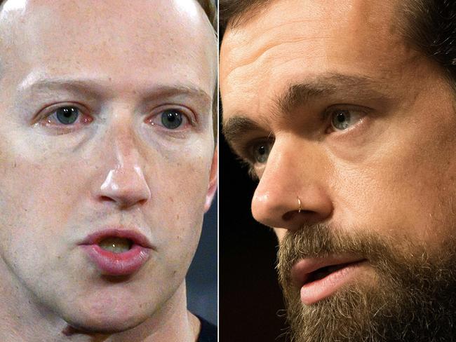 (COMBO) This combination of file photos created on October 1, 2020 shows Facebook founder Mark Zuckerberg (L) in Washington, DC on October 17, 2019, and Twitter CEO Jack Dorsey in Washington, DC, on September 5, 2018. - The top executives of Facebook and Twitter were set to appear before US lawmakers for the second time in less than month for a fresh hearing on the hotly disputed role of social networks in US political debate. Facebook's Mark Zuckerberg and Twitter's Jack Dorsey were scheduled to appear remotely at the hearing before the Senate Judiciary Committee. (Photos by ANDREW CABALLERO-REYNOLDS and Jim WATSON / AFP)