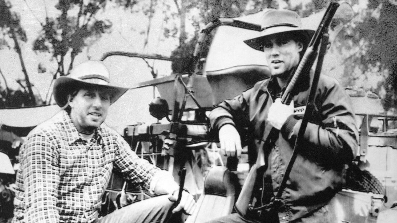 Jeff Thomson and Greg Chappell get away from it all on a hunting trip outside Dirranbandi, Queensland.