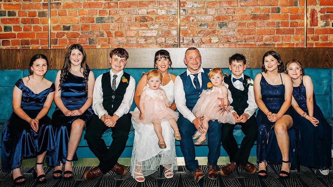 Katie Layley and her husband Josh Hilditch and their children, Lily, 16, Meabh, 15, Oscar, 14, London, 13, Oisin, 12, Etta, 11 and twins Ronnie, 3 and Tilley, 3. Picture: Supplied