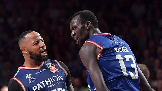Shannon Shorter and Majok Deng of the Adelaide 36ers celebrate during the round 13 NBL match between the Adelaide 36ers and the Perth Wildcats at Titanium Security Arena on January 4, 2018 in Adelaide, Australia. (Photo by Daniel Kalisz/Getty Images)