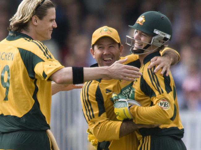 Ricky Ponting and Nathan Bracken (left) congratulate wicket keeper Tim Paine after he stumped England captain Eoin Morgan in a one-day international at Lord’s in 2009. Picture: AFP  