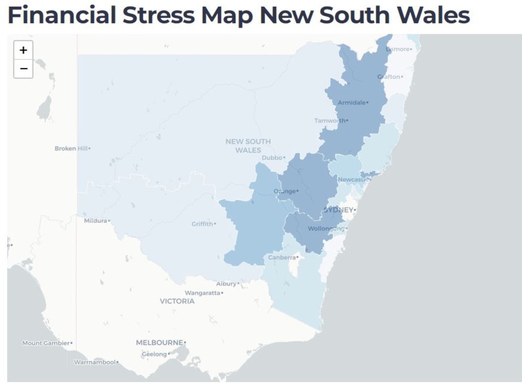 The electorates highlighted in dark blue contain 60 to 80 per cent of NSW households in financial stress. Source: Everybody's Home