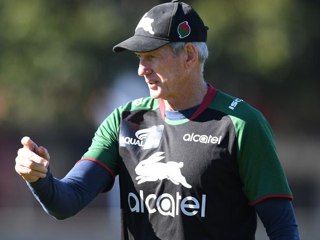 South Sydney Rabbitohs coach Wayne Bennett during a training session at Redfern Oval in Sydney, Tuesday, July 23, 2019. The Rabbitohs take on the Dragons in round 19 this Friday at ANZ Stadium. (AAP Image/Dean Lewins) NO ARCHIVING